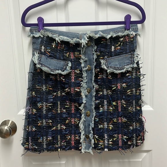 LUXURY BUTTON FRONT FOLDOVER HIGH RISE A-LINE TWEED DENIM MINI SKIRT - Picture 1 of 5